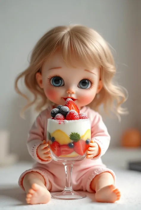  photorealistic、 doll is eating a fruit parfait