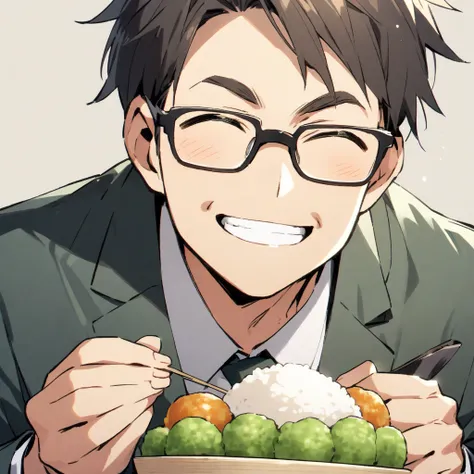 An ordinary businessman wearing glasses、Eating rice balls with a smile