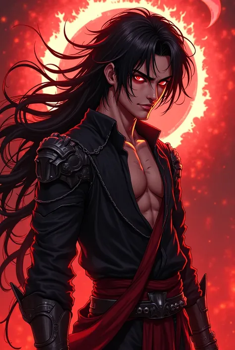 Sak would have a striking and intimidating presence, blending elements of a warrior and a mythical executioner. Here’s how he might look in an anime style:

Hair: Long, wild black hair with streaks of red, symbolizing his blood-soaked battles. His hair flo...