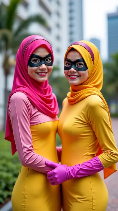 RAW, Best quality, high resolution, masterpiece: 1.3), Two beautiful Malay women in hijab as superheroes ,Masterpiece, perfect slim fit body, (Huge breasts), big gorgeous eyes, Soft smile, yellow and pink Delicate turtleneck print sun dress,gloves, shairba...