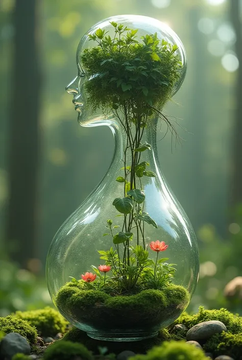 A luminous, transparent glass woman figure with an hourglass body, showcasing an intricate internal ecosystem, featuring miniature plants with delicate moss and flowers sprouting from within, blurring the line between surreal nature and organic growth, set...