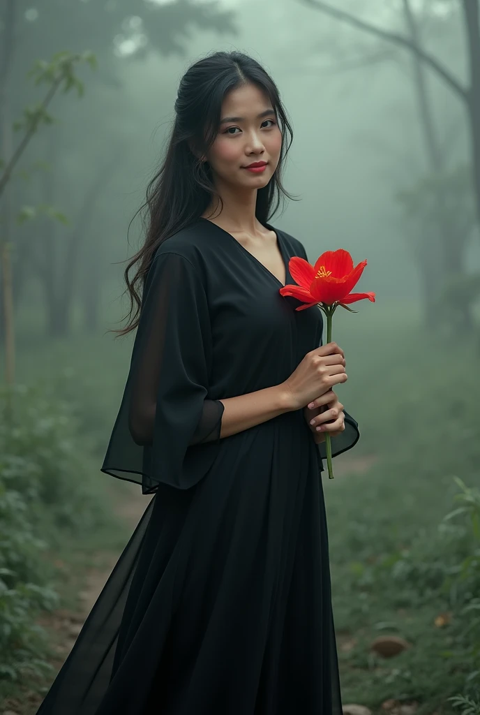 Indonesian woman 25 years old wearing a long and beautiful black dress and holding a red nawar walks in silence and misty looking at me with a smile