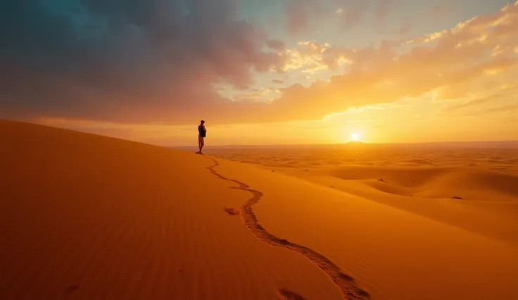 "A solitary figure walking through a vast, golden desert at dusk, their footprints vanishing into the shifting sands. The sky transitions from day to night, representing the transient nature of thought and perception. A distant oasis glows in the twilight,...