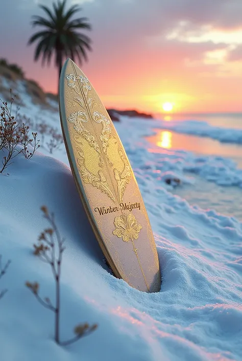 Main image: A sophisticated, detailed scene of a golden, frosty surfboard embedded in a snowy beach dune, partially buried in a pristine layer of soft snow. The board is designed with intricate, almost regal patterns—think gold leafing and icy blue accents...