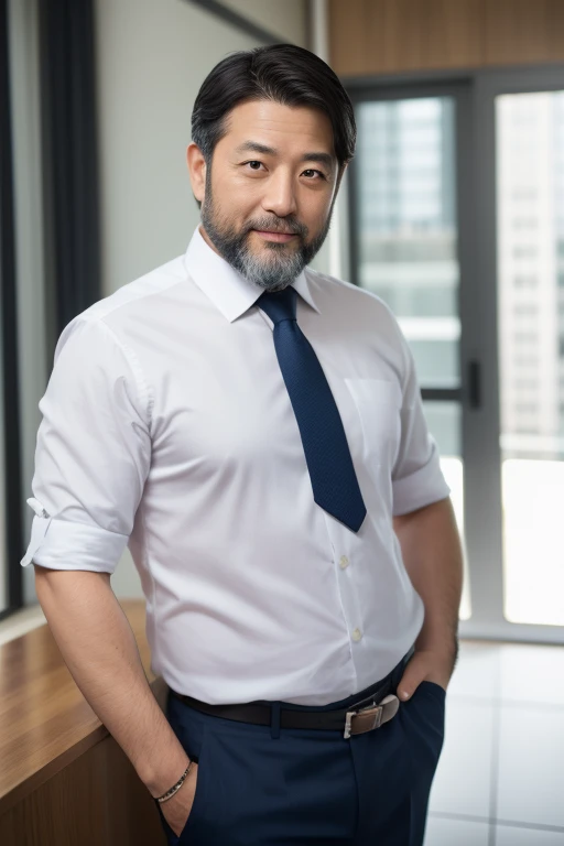 Naked middle-aged man Attractive Japanese man with graying beard, 45-year-old single CEO, wearing a shirt and tie and white briefs