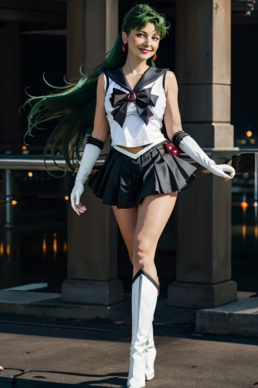  Masterpiece,  top quality,  high resolution,  1 girl, Alone,  Transforming Sailor Pluto、 garnet rod to kill enemies、Defeat an enemy、 half up,  MIDDLE HAIR、 green hair, ( elbow gloves ), Head ornament, Dark red bow, Tight Top, (Black sailor collar),  white...