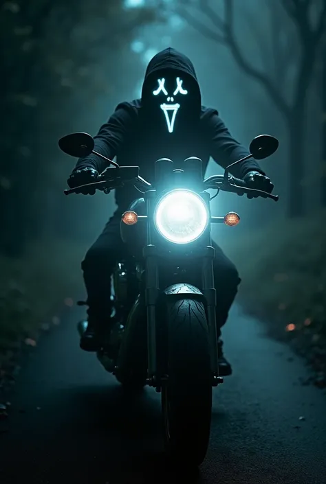 A motor bike front light in ghost face with fire in dark road