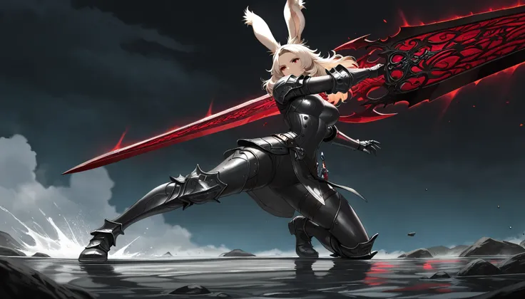 (((( Masterpiece)))), (((( top quality)))),  high resolution,fine grain, detailed face,  wet,viera,Dark Knight, Great Sword, armor with a red pattern on jet black,  action, big breasted with a cross eye, full body shot