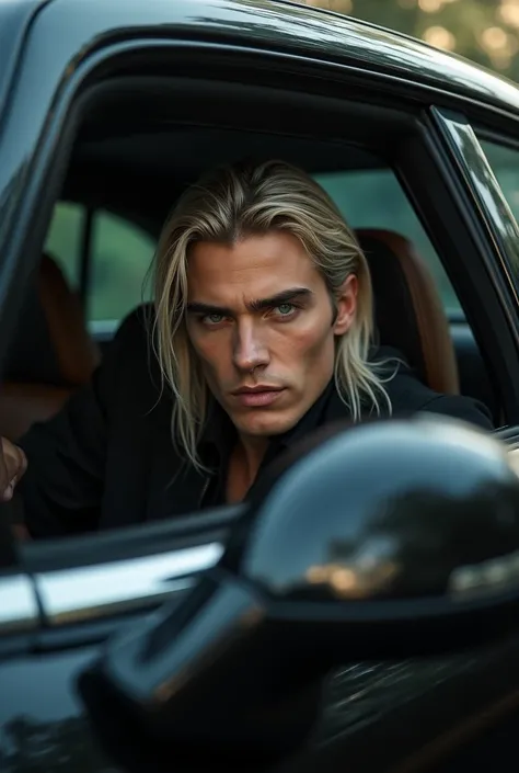  Young man,  white skin ,  Long blonde hair,  blue eyes, inside a luxury black car peeking out the window. realistic