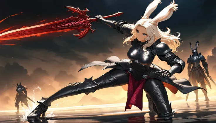 (((( Masterpiece)))), (((( top quality)))), high resolution,fine grain, detailed face, wet,viera,Dark Knight, Great Sword, armor with a red pattern on jet black, action, big breasted with a cross eye, full body shot