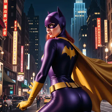 (masterpiece, best quality:1.2), 1girl, solo b4tg1rl woman, AlexRossstyle, full body shot, dressed as Batgirl, dynamic sexy pose, Perfect hand, in metropolis street , back angle, 1970 mood.
