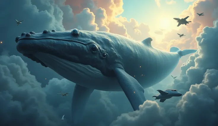A massive humpback whale, with sparks of light leaping between large clouds and its calf following, swimming among clouds, three white herons and a fighter jet trailing them in flight, cinematic lighting, dramatic colors, hyperrealistic, intrincated detail...