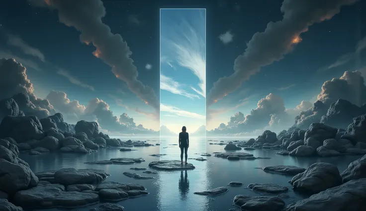 "A dramatic close-up of a person standing before a massive mirror, where instead of their reflection, they see an entire landscape—chaotic storms, peaceful oceans, or bustling cities. As they reach out to touch the mirror, the scene morphs, symbolizing the...