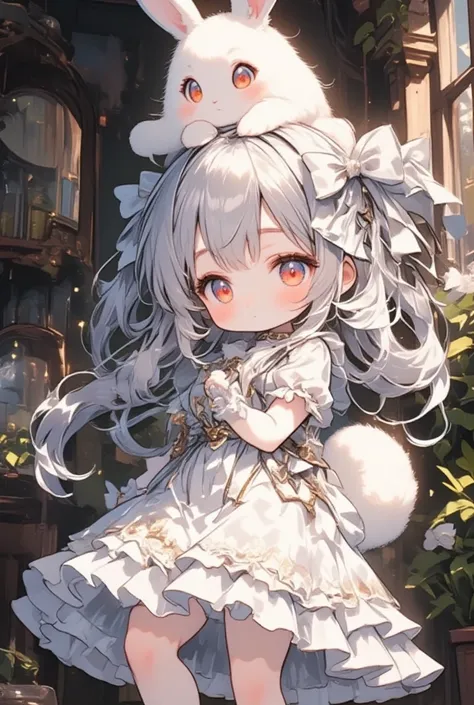  girl\(  chibi,  cute,  cute,  small , gray hair ,  very long hair,bangs,\(white hairy bunny - \), Bunny Tail  ,  Red Eye, Big Eye, Beautiful sparkling eyes,Skin color is white,  big hair ribbon ,  white ruffle dress ,Chest,  full body\),background\( \)