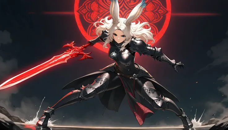 (((( Masterpiece)))), (((( top quality)))),  high resolution,fine grain, detailed face,  wet,Only Viera,Dark Knight, Great Sword, armor with a red pattern on jet black,  action, big breasted with a cross eye, full body shot