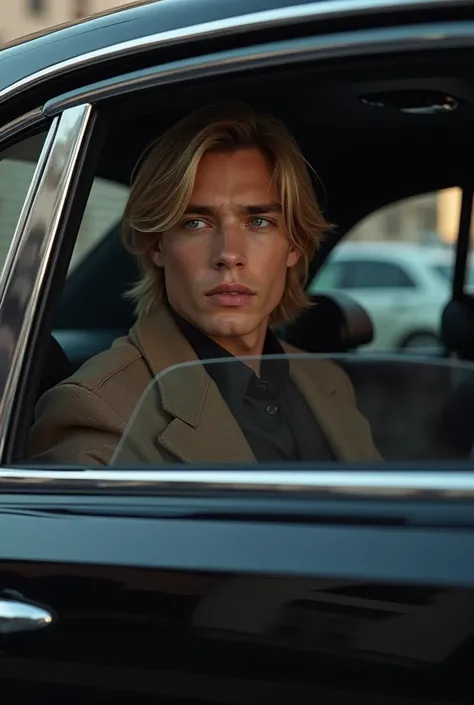  Young man,  white skin ,  shoulder-length blonde hair,  blue eyes, wearing expensive coat inside a luxury black car peeking out the window. realistic