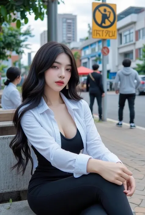    A beautiful woman with gyaru makeup wears a female mafia-style outfit like an ash suit,  The white shirt    dan celana abu abu dan seorang pria tampan muda, dressed in gangster clothes Korean men ,  The white shirt   ,   black vest and black pants in th...