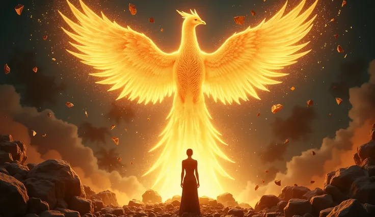 "A phoenix made of golden energy rising from the ashes, symbolizing personal transformation and the power of perception. Fragments of broken illusions float in the air like embers, while the figure below watches in awe, realizing that they alone set the ph...