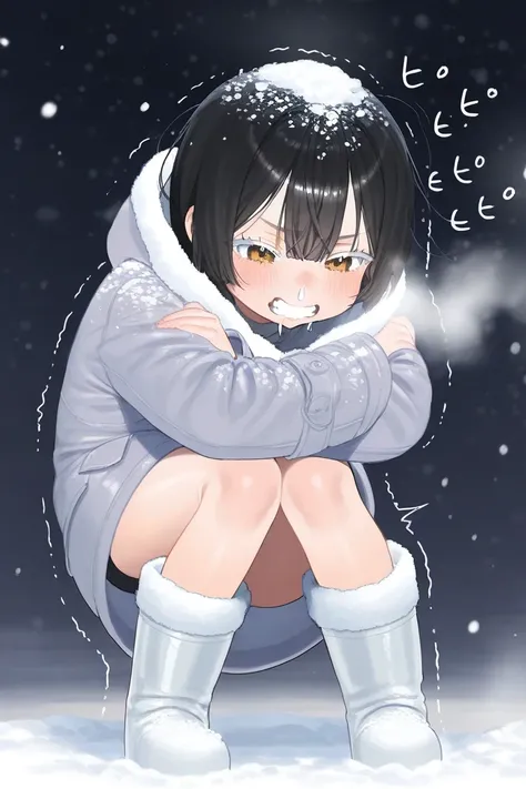  holding arms with a man、 clenching teeth、adult、 holding a shield looking down、snot、A face asking for help、 eyes are wide open、Snow in your hair、Thin piles of snow、Trembling Knees、A cold look、Big coat、swelling、Layering、 very fat 、 black hair、 long、 high sc...