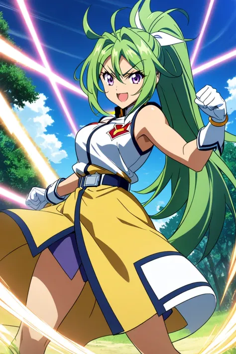  1girl,solo,strong willed , green hair,  you're clenching your right fist  ,  your hair bounces off  ,  sleeveless,  long hair,breasts,handless gloves  ,smile,Winning Spirit, sleeveless,  Shut up your expression,  Pretty Cure,Gundam,Yu-Gi-Oh!!,Crimson Song...