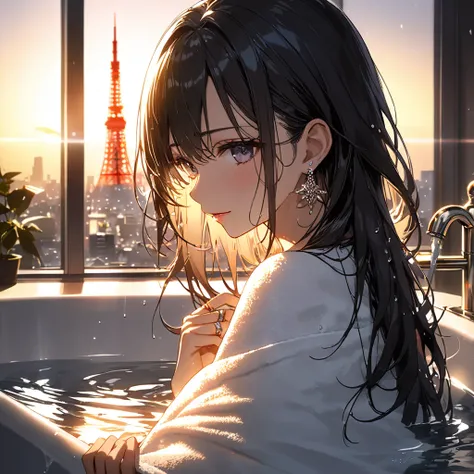  Masterpiece, top quality, Super Detail, high resolution,16k ,   1 girl in uniform ,    black long hair by lla, earrings,   bathroom、 buildings in the background、  Tokyo tower  、  night view、 is fascinating、 cockatiche 、 is fascinating官能、  wet 、(  backligh...