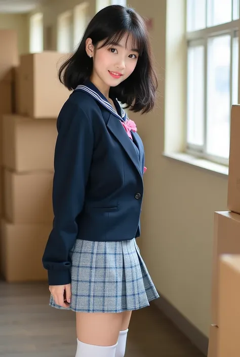 A photo of a beautiful Japanese actress taken for a promotional video. . Shooting data: Full-frame digital camera, 50mm, f14.1/125sec, iso100, daylight 1girl, bobcut 18yo　dark hair, is seated atop a cardboard box. She's positioned in the lower-center to mi...