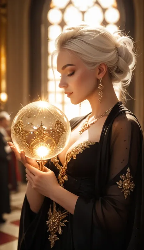 In the background an embracing sun with golden sparkles ,  a young woman with white hair wearing an elegant black robe with elegant gold decorations,  holding in her hands a very bright orb of light  