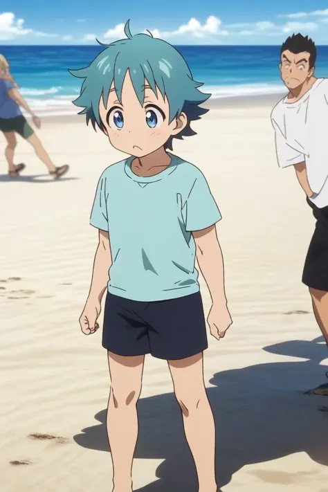  Short boy , dwarf boy , round face,  beach shorts,  smooth t-shirt ,  skinny bodied boy  (Anime image)(HD image)