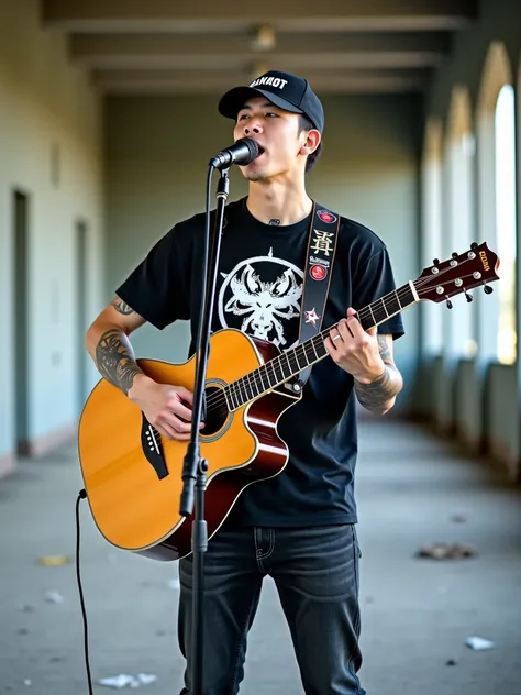 Handsome Korean man, 25 years old, well built, short hair wearing a metal style snapback hat, wearing a black Slipknot t-shirt with a white Slipknot logo. , black jeans, men's boots, He posts a cool appearance, Standing He is holding an acoustic guitar whi...