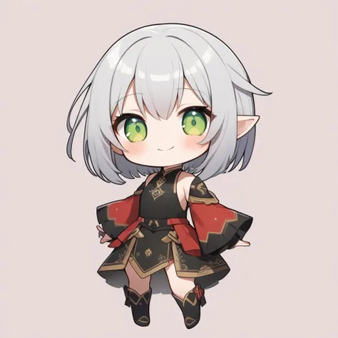 ultra-small deformation, Chibi Cute, whole body, 1girl, dark elf, silver bob cut, green eyes, long eyelash, blush, smile, shiny skin, (artist:rariatto \(ganguri\):0.8), artist:morisawa_haruyuki, artist:kurokawa_heuy, artist:yeurei, very awa, masterpiece, b...