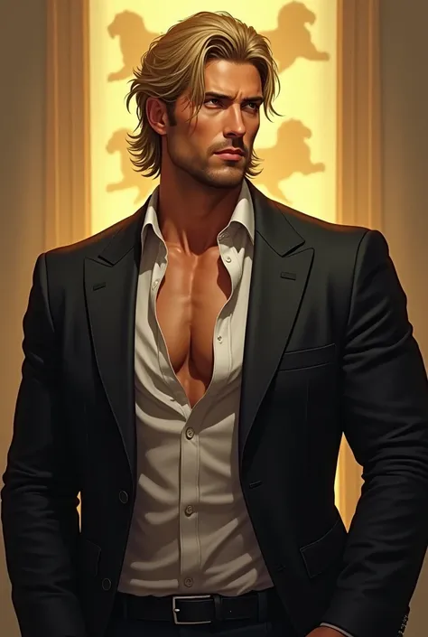 "A realistic digital painting of Dante, a tall and imposing man with golden-amber eyes and dark blonde, slightly wavy hair of medium length. His strong jawline and intense gaze give him a regal and dominant aura. He has a muscular and athletic physique, wi...