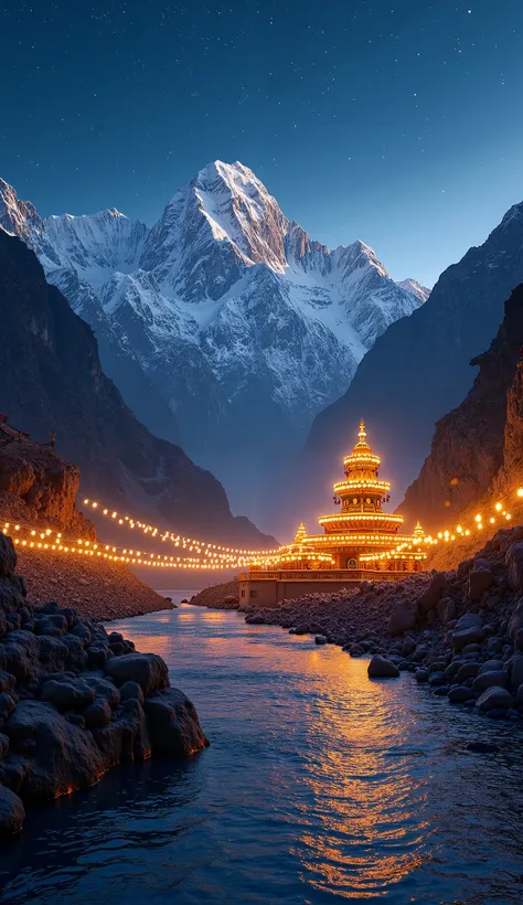 A serene evening view of the Kedarnath temple beautifully lit with golden and warm white lights, surrounded by the majestic Himalayan mountains. In the foreground, a large, decorated Shiva Lingam is adorned with marigold flowers and illuminated by glowing ...