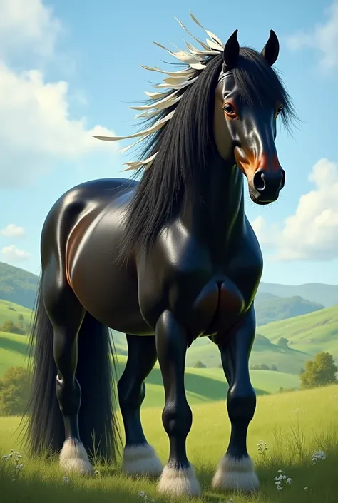 Shire shiny black horse with hairstyle with white elastics