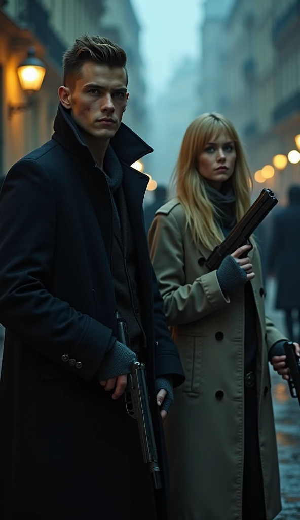 A young man with a tuft, Is she wearing a black overcoat, She has a scar on her right eye and is holding two long-barreled magnum pistols in her hands, next to him a blond woman with blue eyes wearing a detective coat, they are on a mysterious and dark str...