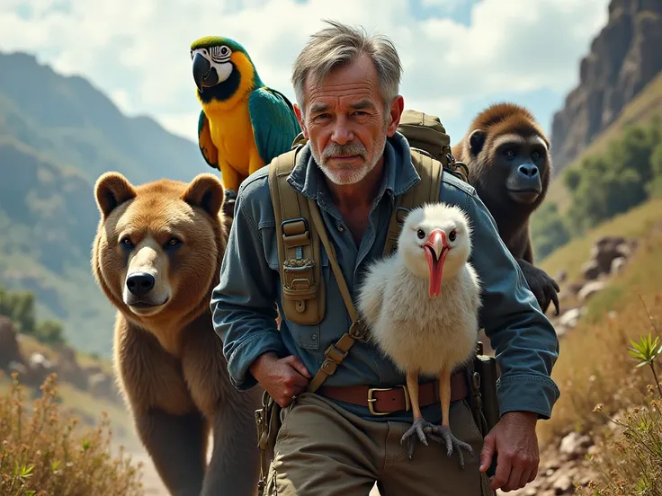 A 55 years old man and his team of animals like bear, parrot, ostrich, gorilla face all the difficulties