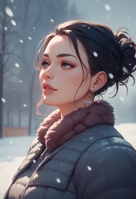  dark hair、Woman in winter clothes、 The background is snowing