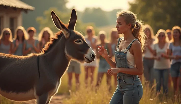 "A beautiful rural farm setting with a small group of people watching in amazement. A young woman, dressed in casual farm clothes, is interacting with a donkey in an unexpected way—perhaps teaching it a trick, making it dance, or something extraordinary. T...