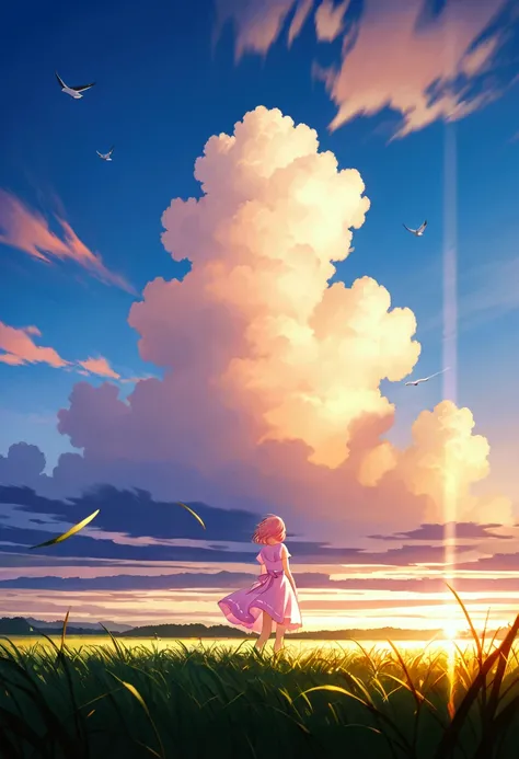 A short-haired, beautiful girl in an ornate light pink dress runs sideways toward the distant horizon on a grassland, with dynamic motion blur, birds in flight, wind-swept grass, and a dreamy, cinematic background with vivid lighting.