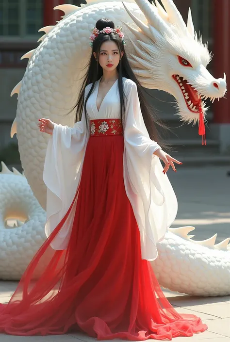   beautiful Chinese woman with fair skin and sexy figure  ,  long black hair short white  ,  White Kimono 、 Red Long Skirt、I'm wearing a shrine maiden costume  ,  Standing on the ground 、 holding a big white dragon on her side ., Mystical art,  fantasy art...