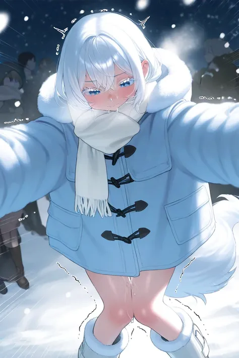  holding arms with a man、 white hair、 blue eyes、 fur hood 、 seems to be in pain、From crotch to icicles、 holding a shield looking down、snot、 eyes are wide open、Snow in your hair、Thin piles of snow、Trembling Knees、A cold look、Big coat、swelling、Layering、 very...