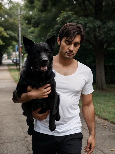 A man carrying a black dog