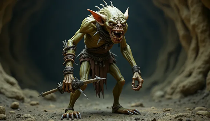 Create an ultra-realistic full-body image of a Goblin from The Lord of the Rings, embodying their deformed, cunning, and treacherous nature. The Goblin stands hunched, with a wiry, emaciated frame. Its skin is a sickly, greenish-brown hue, stretched tightl...