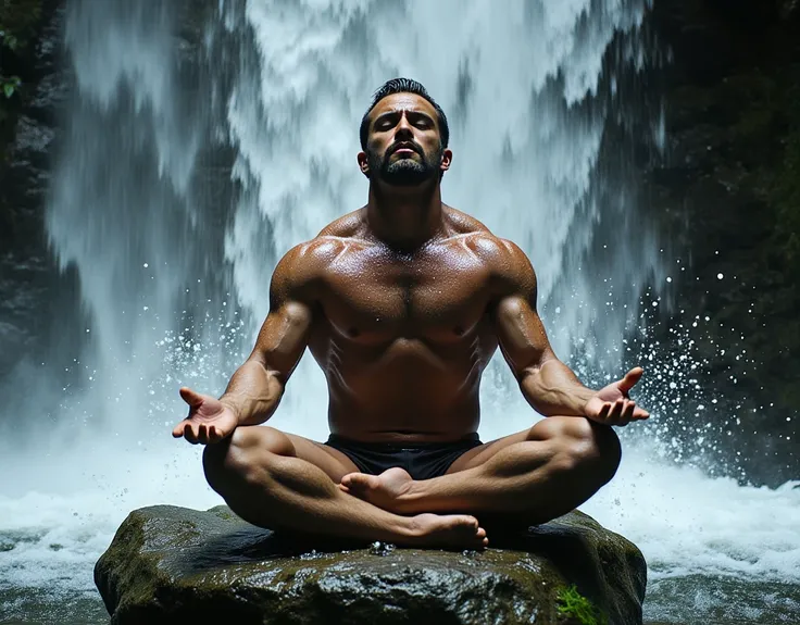 A ((handsome)) muscular man sits cross-legged on a large stone, his eyes closed in serene meditation. The powerful rush of water from a nearby waterfall crashes against him, sending a shower of splashes in all directions. Water droplets splash across his h...