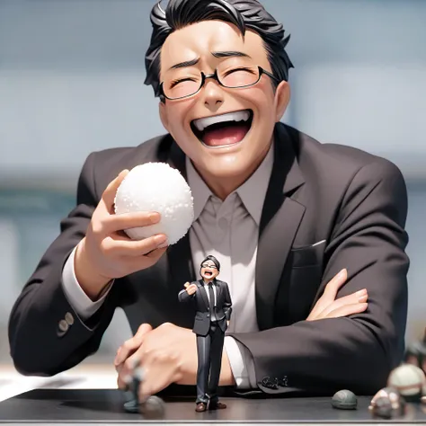 An ordinary businessman wearing glasses、Figure holding a rice ball while laughing