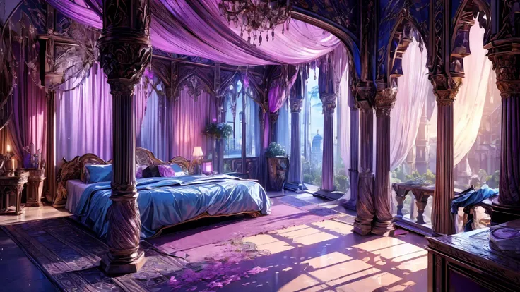 Best quality, masterpiece, ultra high res, raw photo, beautiful and aesthetic,deep shadow, fantasy theme,(ultra detailed:1.3), divine, royal bedroom, indoors, luxurious, canopy bed, full of curtains, pillows, jewelry, candlelight, queen chamber, pink room