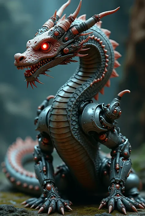 A Chinese dragon with cybernetic attachments and has an eye that glows a deep red