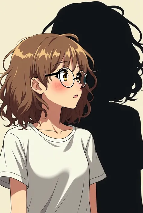 Create an anime girl with defined curls light brown, with round glasses,  very beautiful, Blanquita and with a white t-shirt, fighting with a black silhouette of a woman