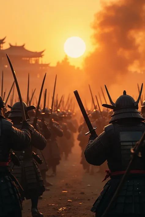 "A cinematic depiction of the final samurai battle in 1877. Traditional samurai warriors, wielding katanas, charge fearlessly against a line of modern soldiers with rifles. Smoke, gunfire, and chaos fill the air as the samurai fight against overwhelming od...