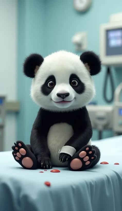 Baby panda in a hospital room, visibly injured with a limp, sitting on a hospital bed. The panda has a small bandage around its leg, and its expression is a mix of discomfort and concern. 