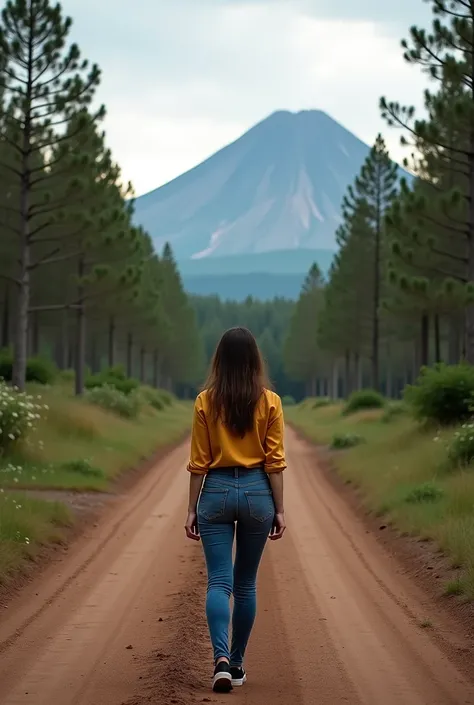 there is a woman standing on a dirt road in the middle of the woods, a portrait inspired by Gina Pellón, flickr, sumatraism, in volcano, in a volcano, at a volcano, standing in road, standing close to volcano, standing in a township street, standing outsid...